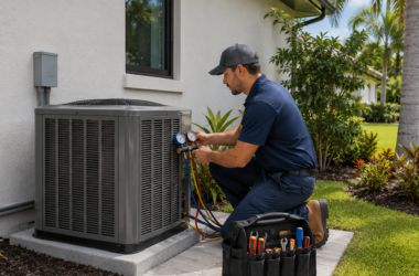 HVAC technician servicing an AC unit in Florida